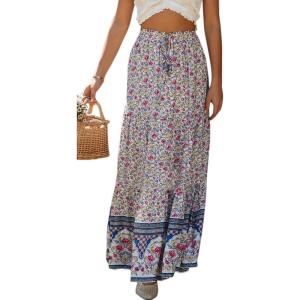imageFlygo Womens Vintage Floral Print High Elastic Waist Pleated Maxi Long Boho SkirtWhite