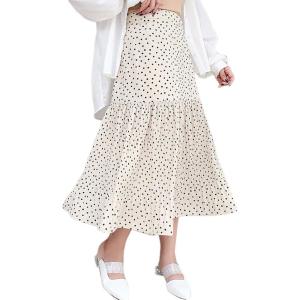 imageFlygo Womens Vintage High Waist Polka Dot Midi Pleated SkirtKhaki
