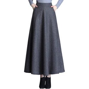 imageFlygo Womens Winter Warm High Elastic Waist Wool Plaid ALine Pleated Flared Long SkirtDark Grey