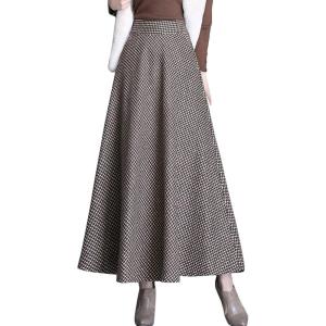imageFlygo Womens Winter Warm High Elastic Waist Wool Plaid ALine Pleated Flared Long SkirtKhaki