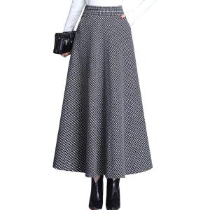 imageFlygo Womens Winter Warm High Elastic Waist Wool Plaid ALine Pleated Flared Long SkirtLight Grey
