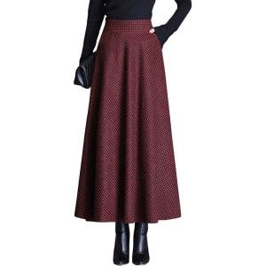 imageFlygo Womens Winter Warm High Elastic Waist Wool Plaid ALine Pleated Flared Long SkirtWine Red