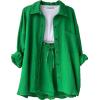 imageFlygo Women Casual 2 Piece Outfits Cotton Linen Set Long Sleeve Shirt Tops Matching Shorts SetsGreen