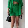 imageFlygo Women Casual 2 Piece Outfits Cotton Linen Set Long Sleeve Shirt Tops Matching Shorts SetsGreen