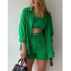 imageFlygo Women Casual 2 Piece Outfits Cotton Linen Set Long Sleeve Shirt Tops Matching Shorts SetsGreen