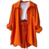 imageFlygo Women Casual 2 Piece Outfits Cotton Linen Set Long Sleeve Shirt Tops Matching Shorts SetsOrange