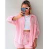imageFlygo Women Casual 2 Piece Outfits Cotton Linen Set Long Sleeve Shirt Tops Matching Shorts SetsPink