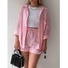 imageFlygo Women Casual 2 Piece Outfits Cotton Linen Set Long Sleeve Shirt Tops Matching Shorts SetsPink