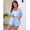 imageFlygo Womens Casual 2 Piece Outfits Cotton Linen Sets Tracksuit Button Down Shirt Top Shorts Lounge SetBlue