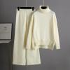 imageFlygo Womens Knit 2 Piece Outfit Wide Leg Pants Turtleneck Sweater Sets Lounge SweatsuitBeige