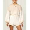 imageFlygo Womens Knit Striped 2 Piece Outfits Crewneck Pullover Sweater Shorts Set Wide Leg Matching Set LoungewearBeige