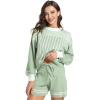 imageFlygo Womens Knit Striped 2 Piece Outfits Crewneck Pullover Sweater Shorts Set Wide Leg Matching Set LoungewearGreen
