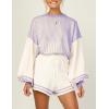 imageFlygo Womens Knit Striped 2 Piece Outfits Crewneck Pullover Sweater Shorts Set Wide Leg Matching Set LoungewearPurple