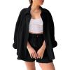 imageFlygo Women Casual 2 Piece Outfits Cotton Linen Set Long Sleeve Shirt Tops Matching Shorts SetsBlack