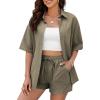 imageFlygo Womens Casual 2 Piece Outfits Cotton Linen Sets Tracksuit Button Down Shirt Top Shorts Lounge SetArmy Green