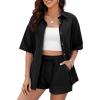 imageFlygo Womens Casual 2 Piece Outfits Cotton Linen Sets Tracksuit Button Down Shirt Top Shorts Lounge SetBlack