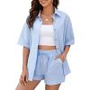 imageFlygo Womens Casual 2 Piece Outfits Cotton Linen Sets Tracksuit Button Down Shirt Top Shorts Lounge SetBlue