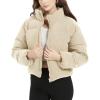 imageFlygo Womens Cropped Corduroy Puffer Jacket Winter Jackets Warm Long Sleeve Zip Quilted Down Puffer CoatBeige