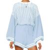imageFlygo Womens Knit Striped 2 Piece Outfits Crewneck Pullover Sweater Shorts Set Wide Leg Matching Set LoungewearBlue