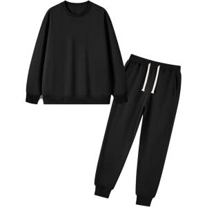imageFlygo Boys Girls 2 Piece Tracksuit Athletic Sweatsuits Set Unisex Kids Crewneck Sweatshirt and Jogger Sweatpants with PocketsBlack