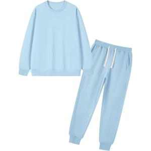 imageFlygo Boys Girls 2 Piece Tracksuit Athletic Sweatsuits Set Unisex Kids Crewneck Sweatshirt and Jogger Sweatpants with PocketsBlue