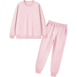imageFlygo Boys Girls 2 Piece Tracksuit Athletic Sweatsuits Set Unisex Kids Crewneck Sweatshirt and Jogger Sweatpants with PocketsPink