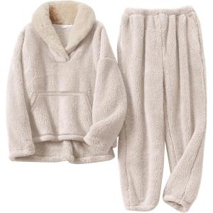 imageFlygo Girls Fuzzy Pants Set Fleece Outfits Winter Flannel Loose Fluffy Pullover Sweatshirt Top Pants SweatsuitBeigeL