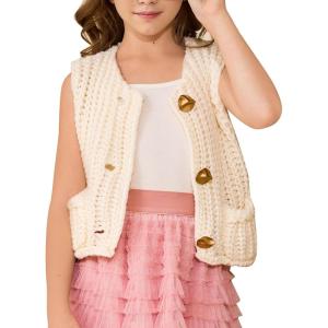 imageFlygo Girls Sweater Vest Chunky Button Down Crochet Knit Cardigan Trendy Sleeveless Sweaters Top with Pockets 514 YearsBeige