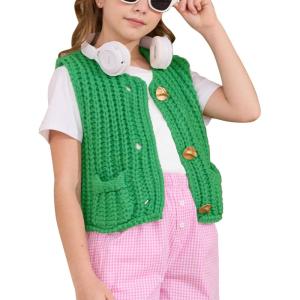 imageFlygo Girls Sweater Vest Chunky Button Down Crochet Knit Cardigan Trendy Sleeveless Sweaters Top with Pockets 514 YearsGreen