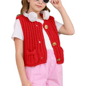 imageFlygo Girls Sweater Vest Chunky Button Down Crochet Knit Cardigan Trendy Sleeveless Sweaters Top with Pockets 514 YearsRed