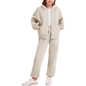 imageFlygo Kids Fleece 2 Piece Jogger Sets Sweatsuit Girls Boys Full Zip Hoodie and Sweatpants Tracksuit with Multiple PocketsBeige