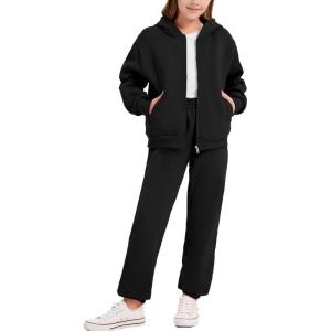 imageFlygo Kids Fleece 2 Piece Jogger Sets Sweatsuit Girls Boys Full Zip Hoodie and Sweatpants Tracksuit with Multiple PocketsBlack