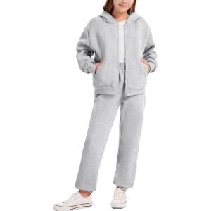 imageFlygo Kids Fleece 2 Piece Jogger Sets Sweatsuit Girls Boys Full Zip Hoodie and Sweatpants Tracksuit with Multiple PocketsLightgrey