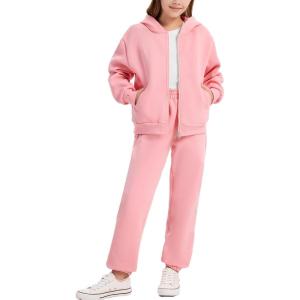 imageFlygo Kids Fleece 2 Piece Jogger Sets Sweatsuit Girls Boys Full Zip Hoodie and Sweatpants Tracksuit with Multiple PocketsPink