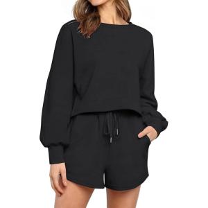 imageFlygo Lougewear for Women 2 Piece Knitted Jogging Suits Long Sleeve Pajamas Shorts Sweatsuit SetsBlack
