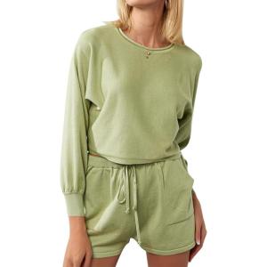 imageFlygo Lougewear for Women 2 Piece Knitted Jogging Suits Long Sleeve Pajamas Shorts Sweatsuit SetsLight Green