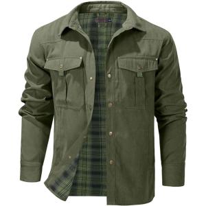imageFlygo Mens Flannel Lined Shirt Jacket Lightweight Snap Button Western Jacket Rugged Outdoor Cowboy Shirts JacketsArmy Green