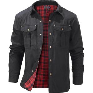 imageFlygo Mens Flannel Lined Shirt Jacket Lightweight Snap Button Western Jacket Rugged Outdoor Cowboy Shirts JacketsBlack