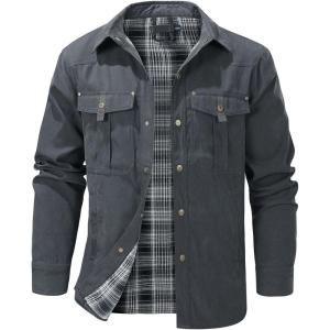 imageFlygo Mens Flannel Lined Shirt Jacket Lightweight Snap Button Western Jacket Rugged Outdoor Cowboy Shirts JacketsGrey
