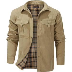 imageFlygo Mens Flannel Lined Shirt Jacket Lightweight Snap Button Western Jacket Rugged Outdoor Cowboy Shirts JacketsKhaki