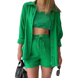 imageFlygo Women Casual 2 Piece Outfits Cotton Linen Set Long Sleeve Shirt Tops Matching Shorts SetsGreen