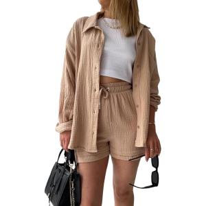 imageFlygo Women Casual 2 Piece Outfits Cotton Linen Set Long Sleeve Shirt Tops Matching Shorts SetsKhaki