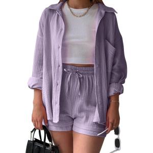 imageFlygo Women Casual 2 Piece Outfits Cotton Linen Set Long Sleeve Shirt Tops Matching Shorts SetsLight Purple