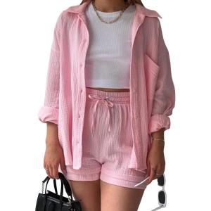 imageFlygo Women Casual 2 Piece Outfits Cotton Linen Set Long Sleeve Shirt Tops Matching Shorts SetsPink