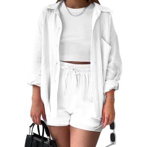 imageFlygo Women Casual 2 Piece Outfits Cotton Linen Set Long Sleeve Shirt Tops Matching Shorts SetsWhite