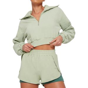 imageFlygo Women Two Piece Tracksuit Long Sleeves Sweatsuit Half Zip Crop Top Sexy Biker Shorts Jogging OutfitGreenM