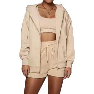 imageFlygo Womens 3 Piece Lounge Sets Long Sleeve Tracksuits Sexy Hooded Sweatsuit Outfits Shorts JacketApricot