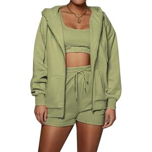 imageFlygo Womens 3 Piece Lounge Sets Long Sleeve Tracksuits Sexy Hooded Sweatsuit Outfits Shorts JacketLight Green