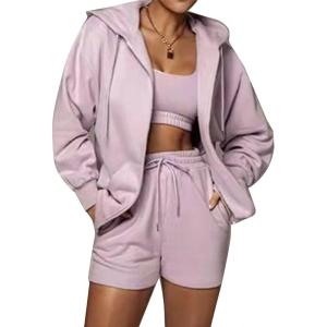imageFlygo Womens 3 Piece Lounge Sets Long Sleeve Tracksuits Sexy Hooded Sweatsuit Outfits Shorts JacketPurple