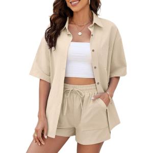 imageFlygo Womens Casual 2 Piece Outfits Cotton Linen Sets Tracksuit Button Down Shirt Top Shorts Lounge SetKhaki